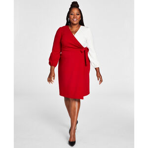 Kasper Colorblocked Surplice Side Tie Dress Crimson Cream Plus Size 2X